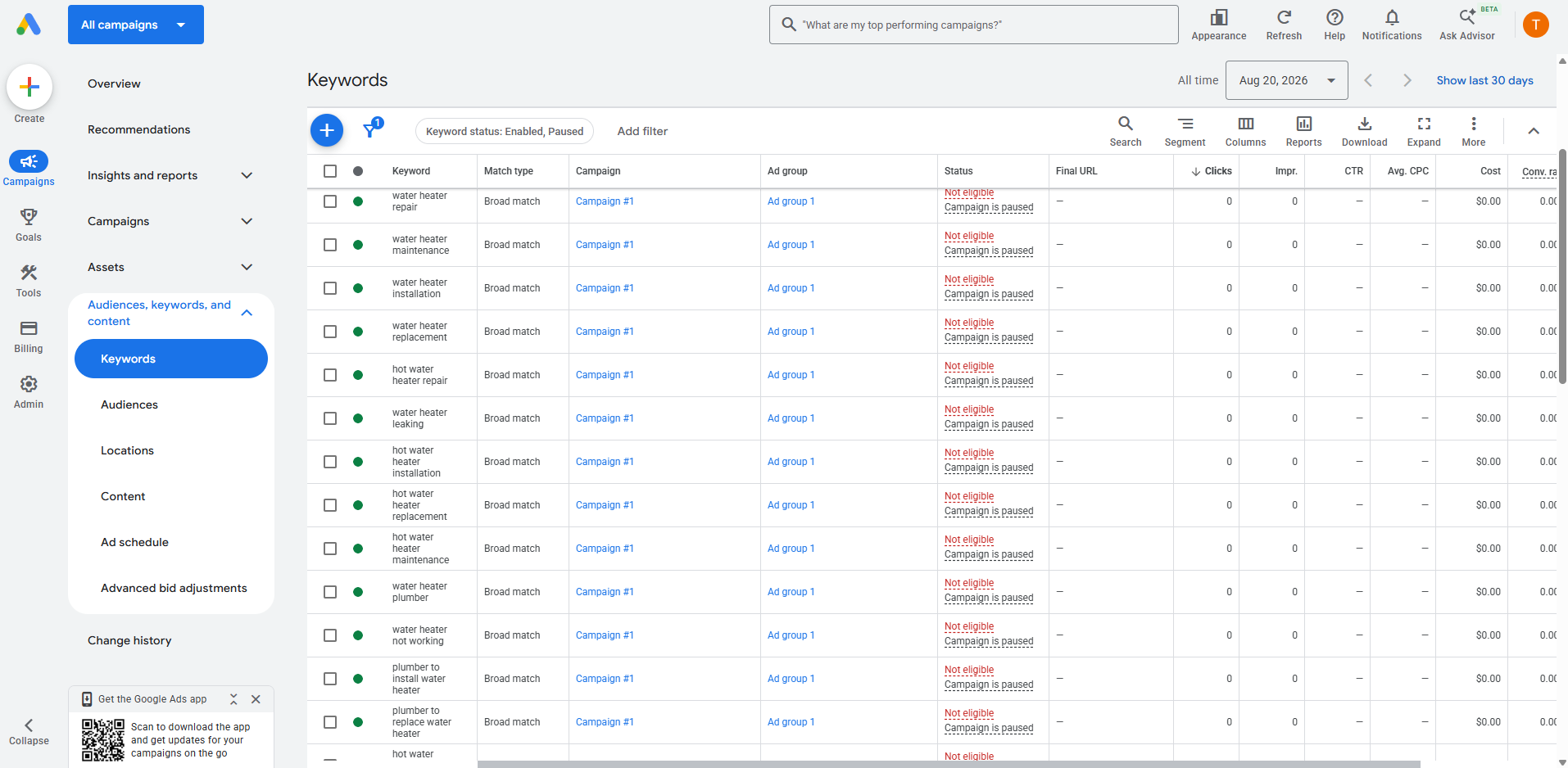 Google Ads Keywords report showing water heater repair, replacement, and installation search terms